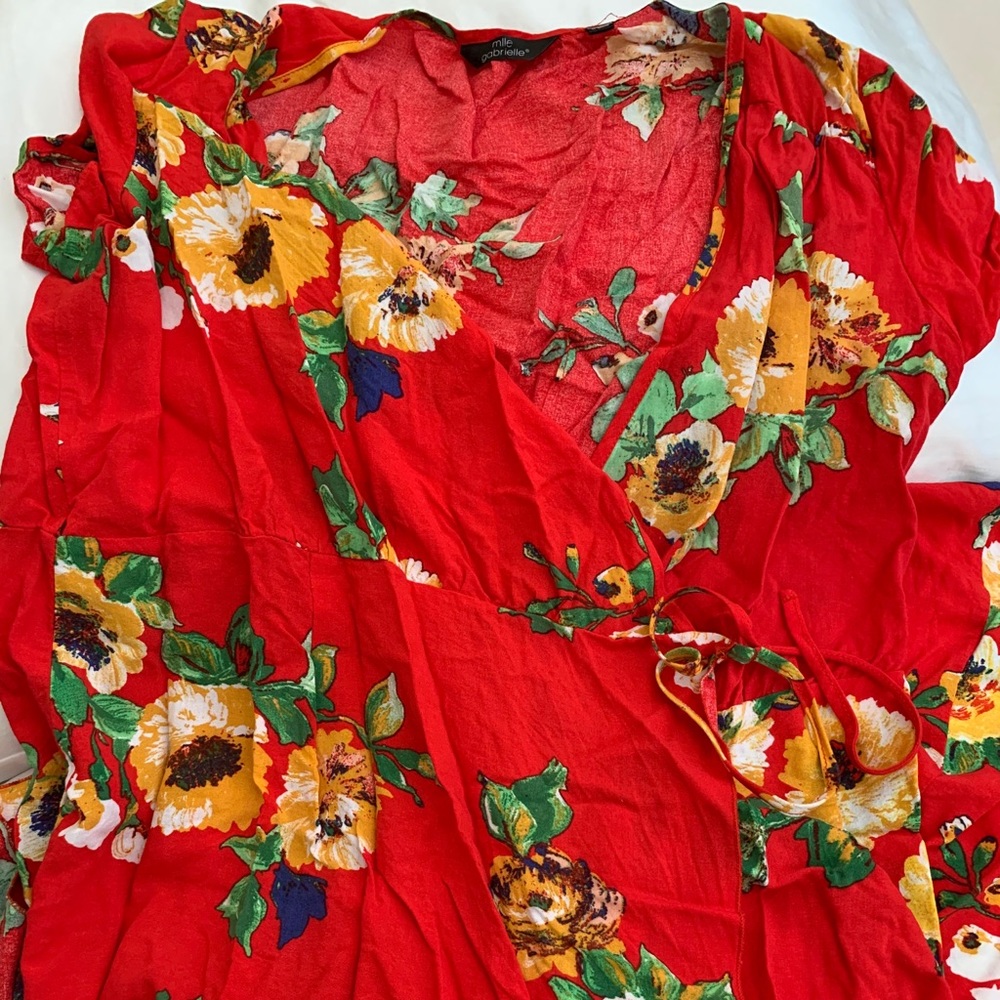 Red floral dress.